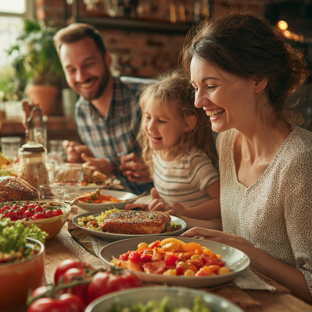 Smiling middle-aged Ukrainian woman in a bright kitchen holding a bowl of fresh vegetables and fruits, looking healthy and energetic