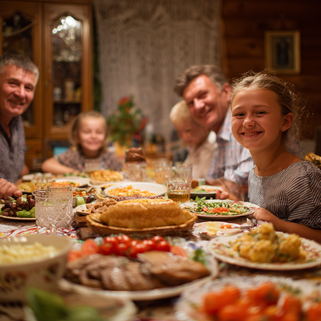 Happy elderly Ukrainian man preparing a colorful, healthy meal in his kitchen, surrounded by fresh vegetables and showing satisfaction with his cooking