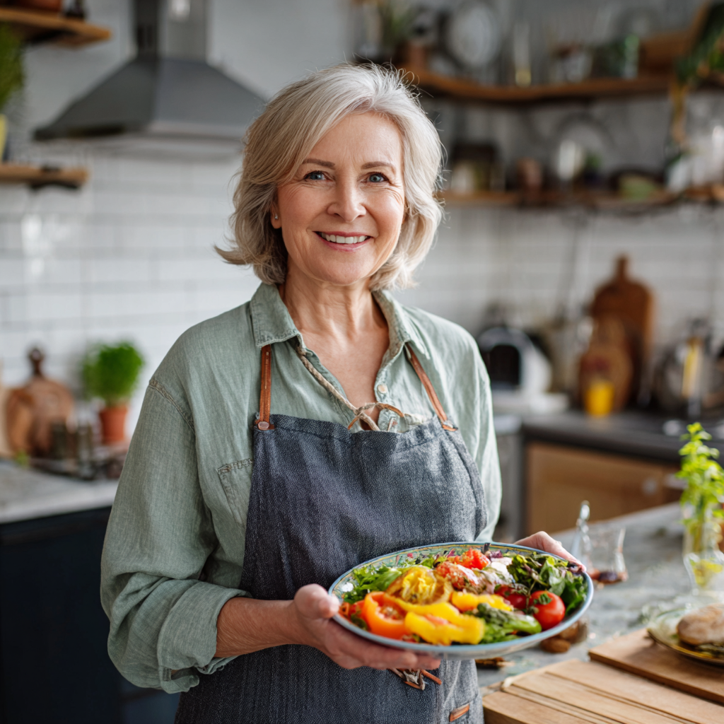 Professional Ukrainian woman in office attire enjoying a healthy lunch at her desk, looking refreshed and focused, with a balanced meal including vegetables and grains